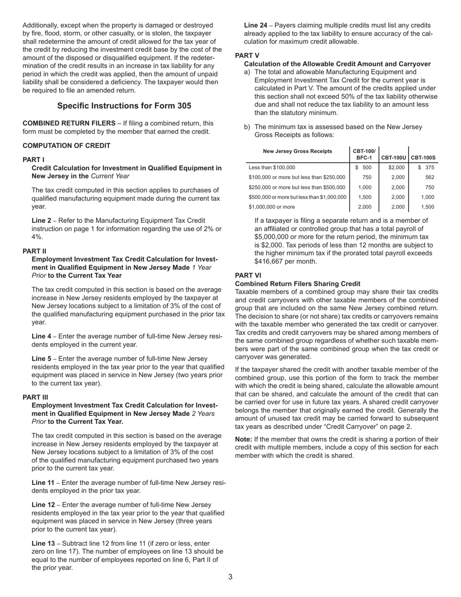 Form 305 Manufacturing Equipment and Employment Investment Tax Credit - New Jersey, Page 5