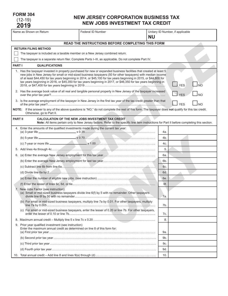 Form 304 New Jobs Investment Tax Credit - New Jersey, Page 1