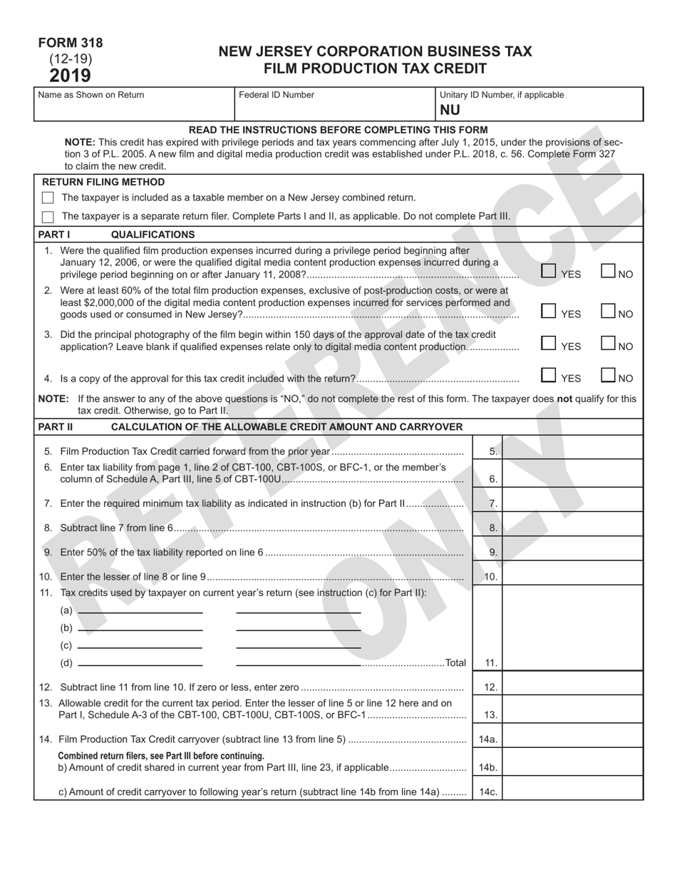 Form 318 Film Production Tax Credit - New Jersey, Page 1
