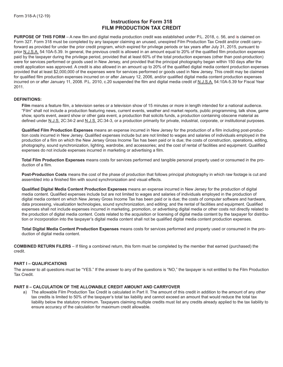 Form 318 Film Production Tax Credit - New Jersey, Page 3