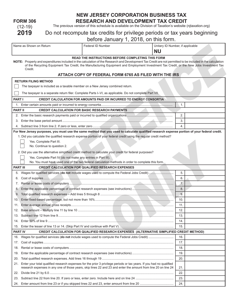 Form 306 Research and Development Tax Credit - New Jersey, Page 1