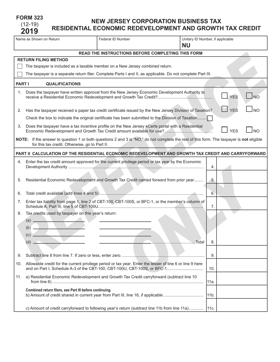 Form 323 Residential Economic Redevelopment and Growth Tax Credit - New Jersey, Page 1