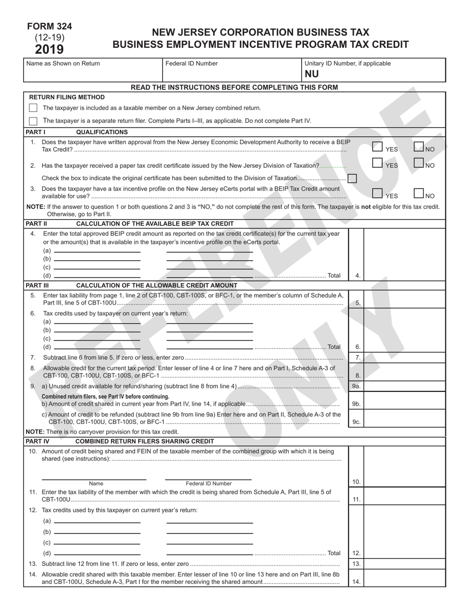 Form 324 Business Employment Incentive Program Tax Credit - New Jersey, Page 1
