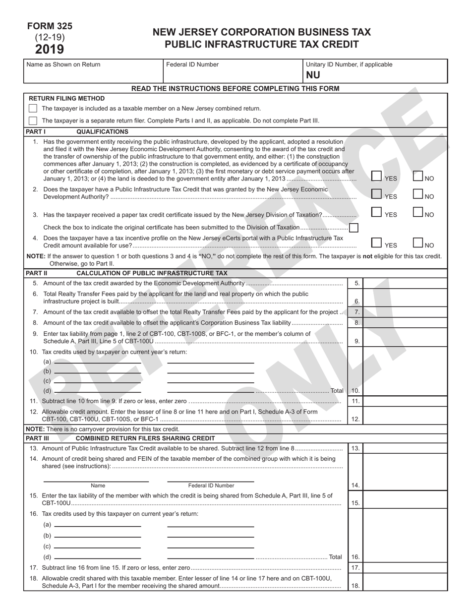 Form 325 Public Infrastructure Tax Credit - New Jersey, Page 1