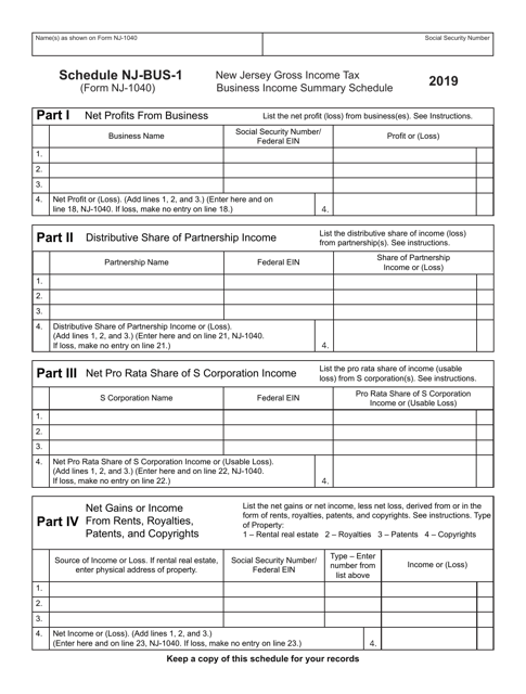 Form NJ-1040 Schedule NJ-BUS-1 2019 Printable Pdf