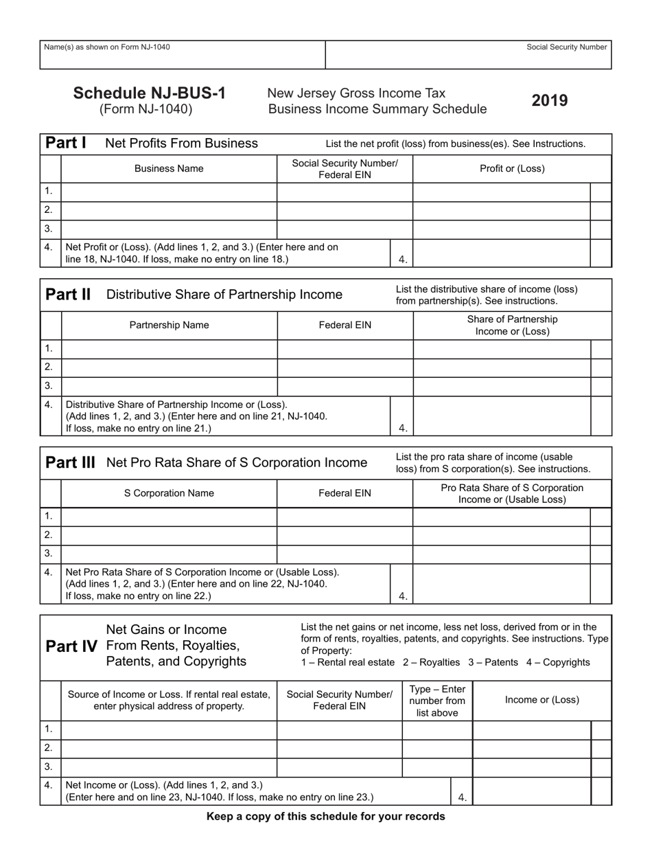 Form NJ-1040 Schedule NJ-BUS-1 Business Income Summary Schedule - New Jersey, Page 1