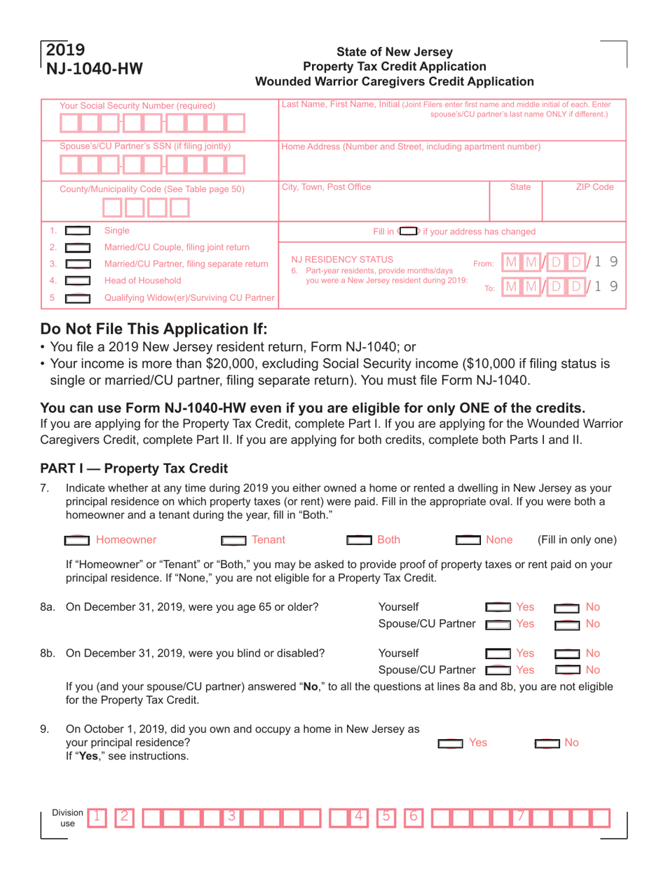 Form NJ-1040-HW Property Tax Credit Application and Wounded Warrior Caregivers Credit Application - New Jersey, Page 1