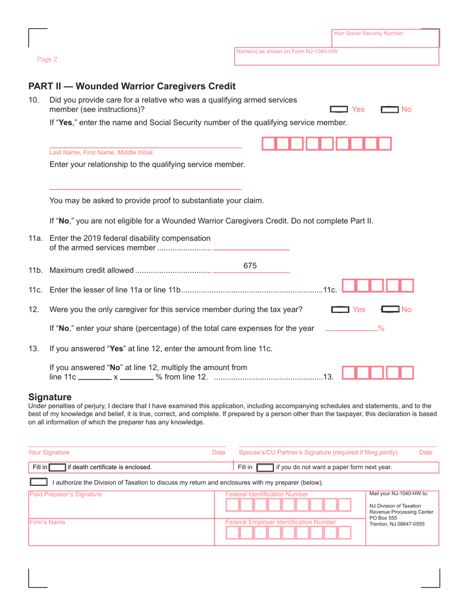 Form NJ-1040-HW Property Tax Credit Application and Wounded Warrior Caregivers Credit Application - New Jersey, Page 2