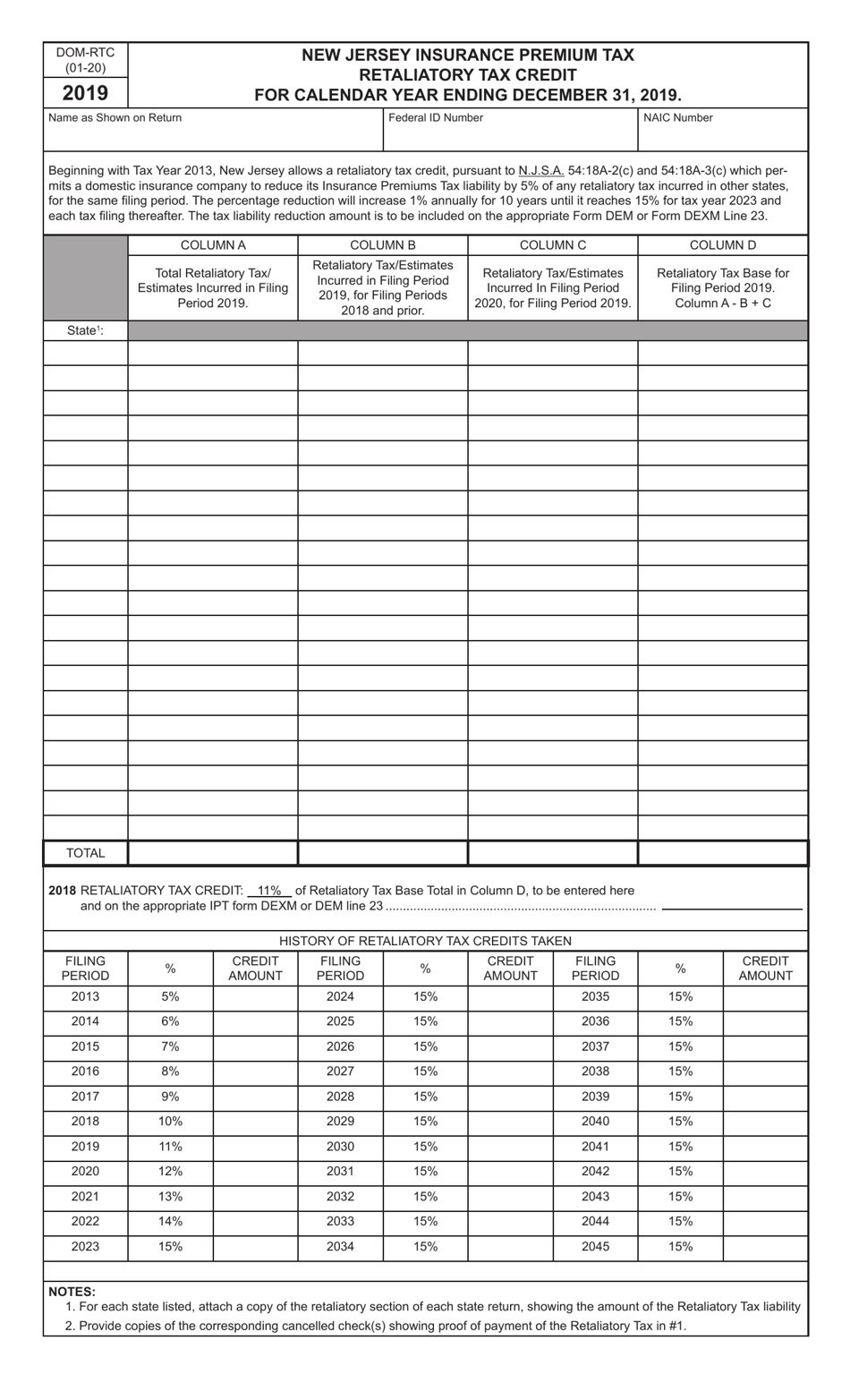 Form DOM-RTC Retaliatory Tax Credit - New Jersey, Page 1