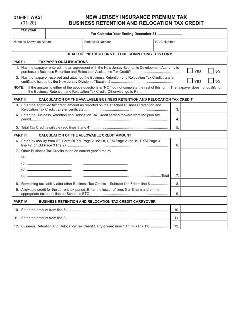 Form 316-IPR WKST Business Retention and Relocation Tax Credit - New Jersey, Page 1