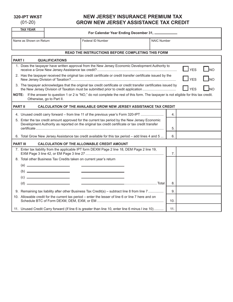 Form 320-IPT WKST Grow New Jersey Assistance Tax Credit - New Jersey, Page 1