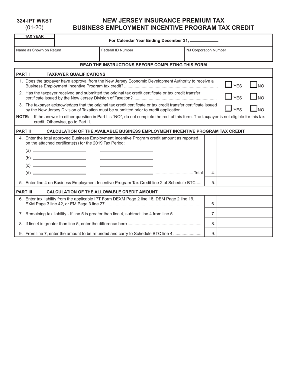 Form 324-IPT WKST Business Employment Incentive Program Tax Credit - New Jersey, Page 1