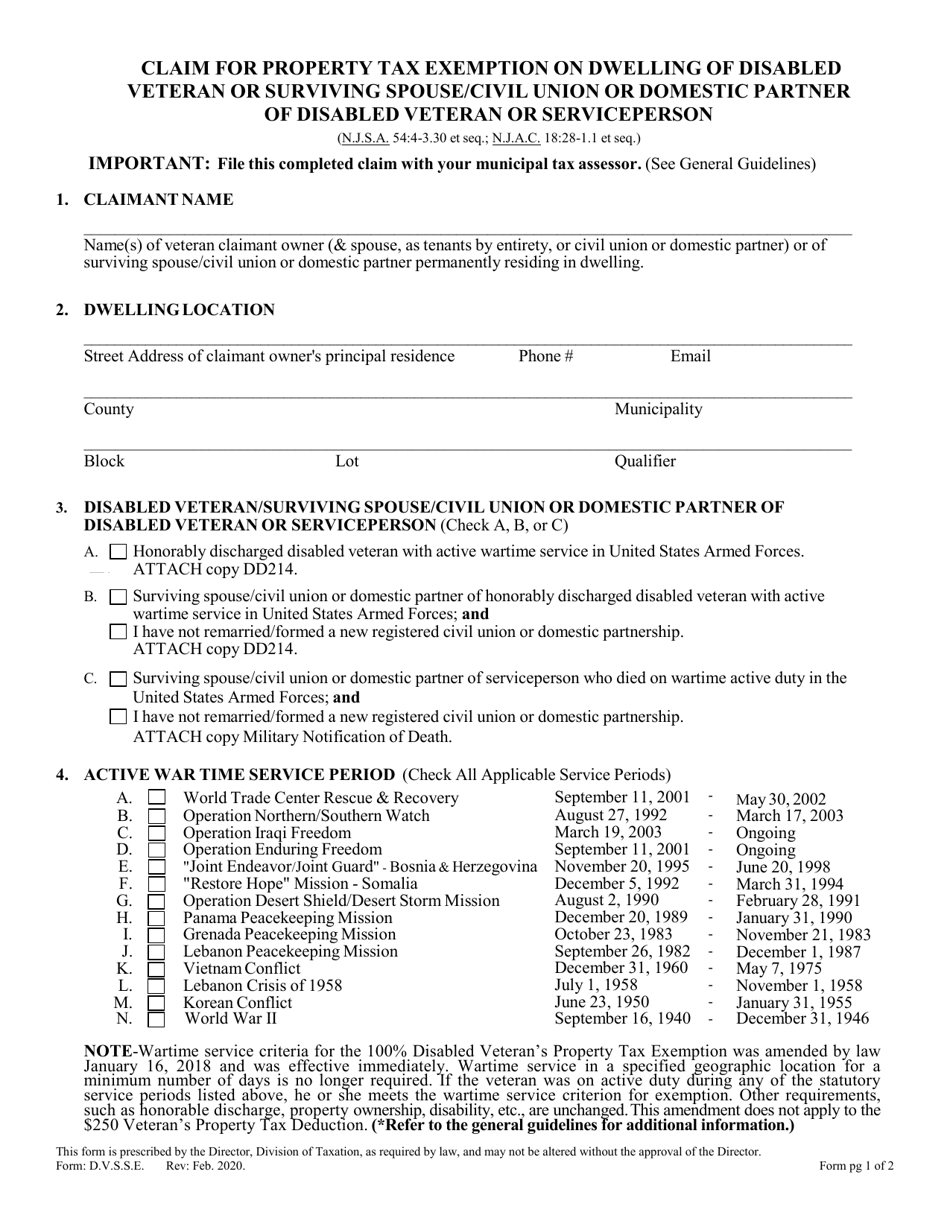 Claim for Property Tax Exemption on Dwelling of Disabled Veteran or Surviving Spouse / Civil Union or Domestic Partner of Disabled Veteran or Serviceperson - New Jersey, Page 1