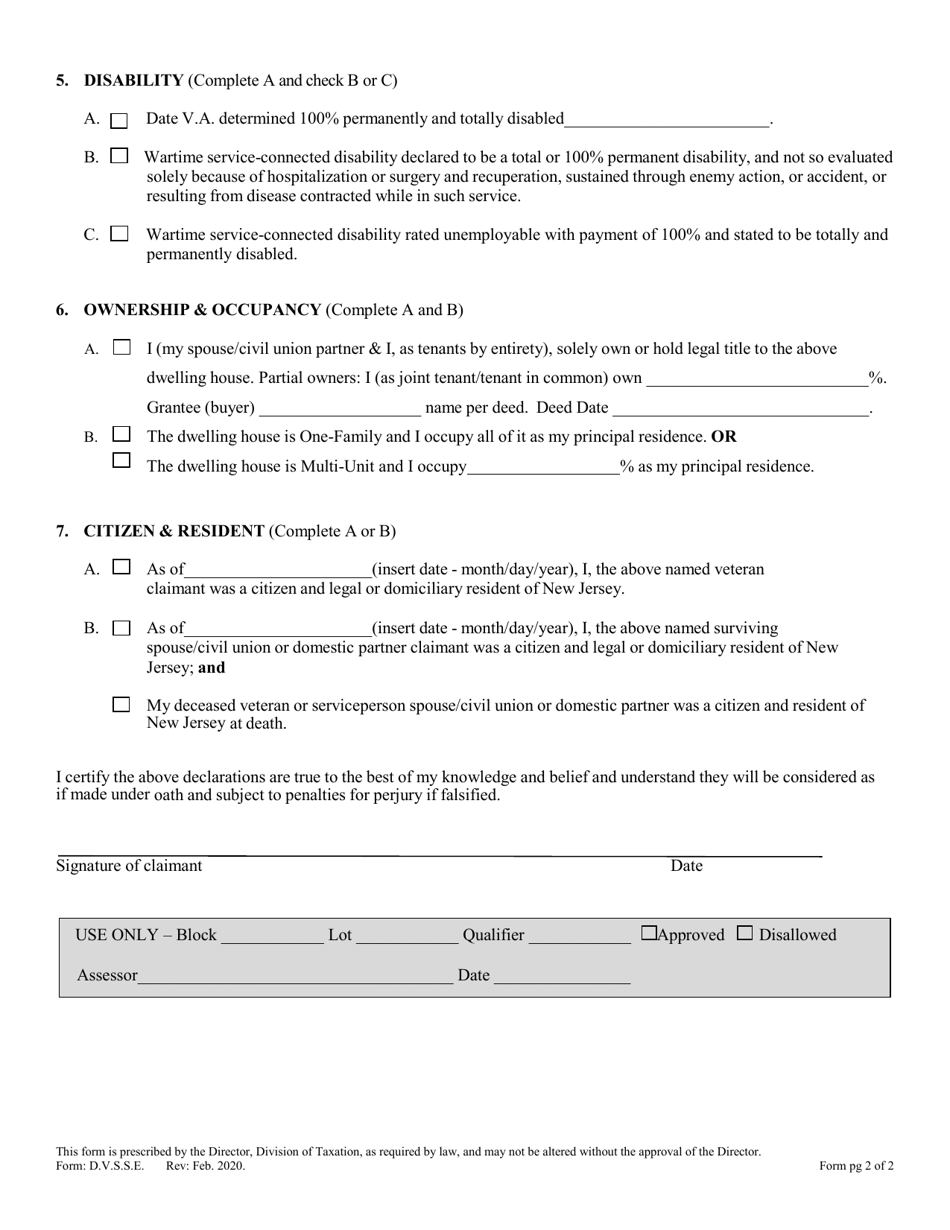 Claim for Property Tax Exemption on Dwelling of Disabled Veteran or Surviving Spouse / Civil Union or Domestic Partner of Disabled Veteran or Serviceperson - New Jersey, Page 2