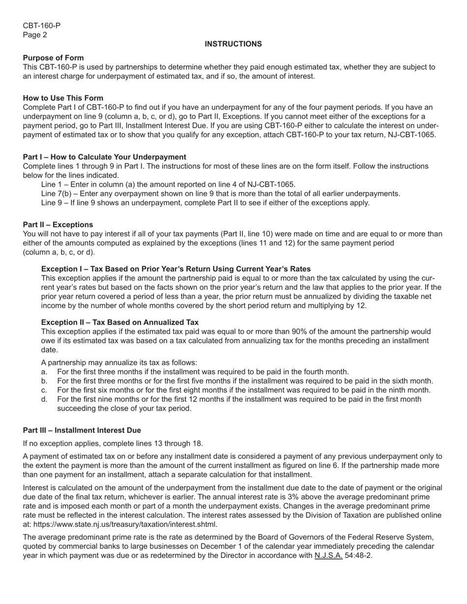 Form CBT-160-P Underpayment of Estimated N.j. Partnership Tax - New Jersey, Page 2
