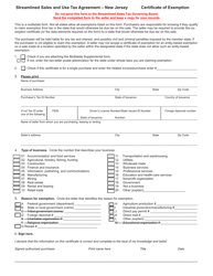 Document preview: Streamline Sales & Use Tax Agreement - Certificate of Exemption - New Jersey