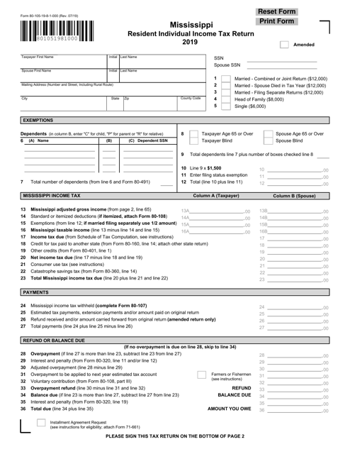 Form 80-105-19-8-1-000 Mississippi Resident Individual Income Tax Return - Mississippi, 2019