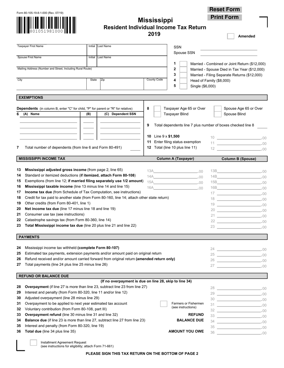 Form 80-105-19-8-1-000 Mississippi Resident Individual Income Tax Return - Mississippi, Page 1