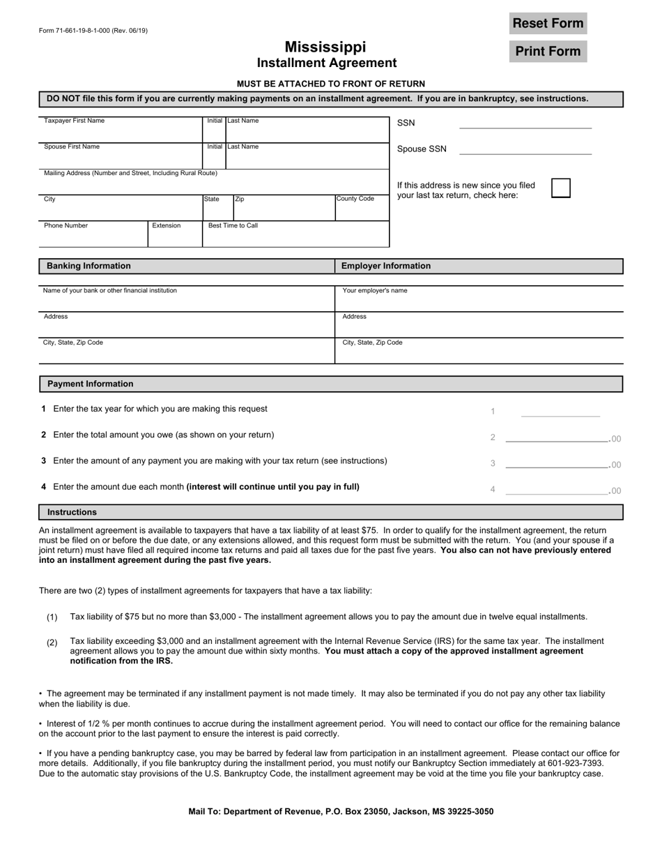 Form 71-661-19-8-1-000 Mississippi Installment Agreement - Mississippi, Page 1