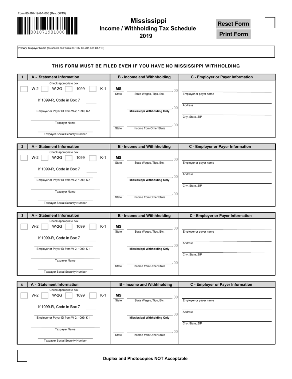 Form 80-107 Mississippi Income / Withholding Tax Schedule - Mississippi, Page 1