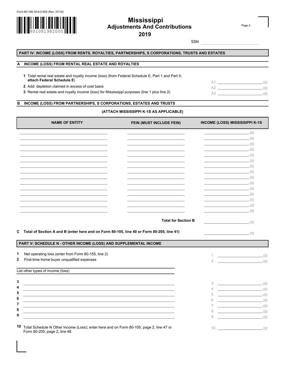 Form 80-108 Mississippi Adjustments and Contributions - Mississippi, Page 3