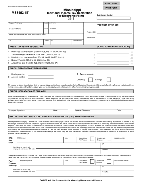 Form 80-115-19-8-1-000 (MS8453-IIT) Mississippi Individual Income Tax Declaration for Electronic Filing - Mississippi, 2019