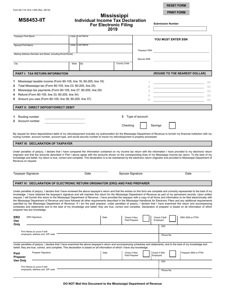 Form 80-115-19-8-1-000 (MS8453-IIT) Mississippi Individual Income Tax Declaration for Electronic Filing - Mississippi, Page 1