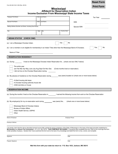 Form 80-340-19-8-1-000 Mississippi Affidavit for Reservation Indian Income Exclusion From Mississippi State Income Taxes - Mississippi