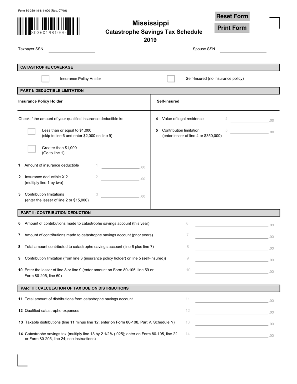Form 80-360 Mississippi Catastrophe Savings Tax Schedule - Mississippi, Page 1