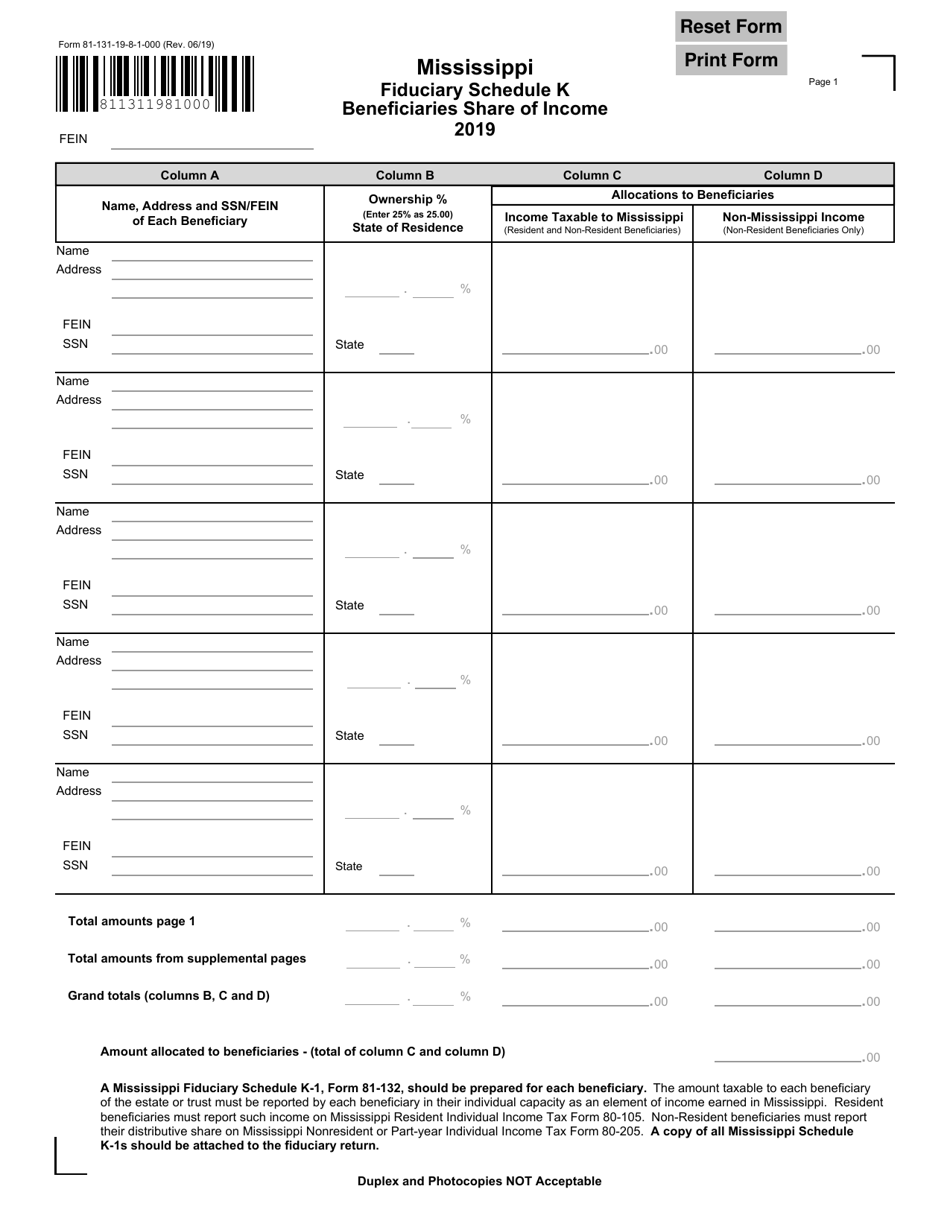 Form 81-131 Schedule K Mississippi Fiduciary Beneficiaries Shares of Income - Mississippi, Page 1