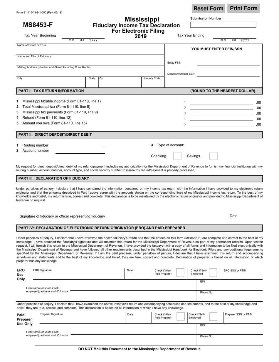 Form MS8453-F (81-115) Mississippi Fiduciary Income Tax Declaration for Electronic Filing - Mississippi, Page 1