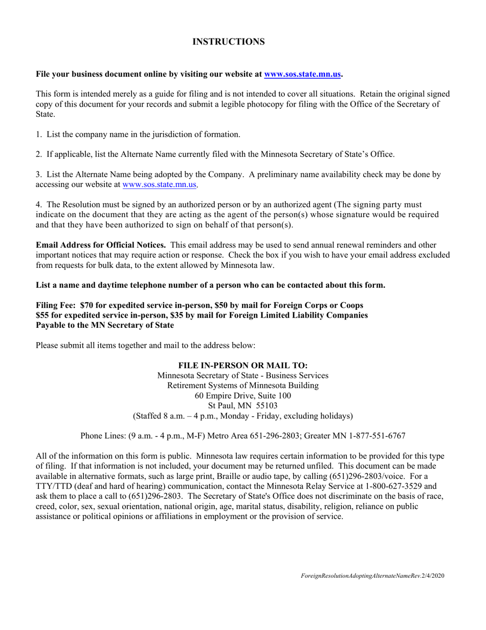 Foreign Corporation, Cooperative  Limited Liability Company Resolution to Adopt an Alternate Name - Minnesota, Page 2