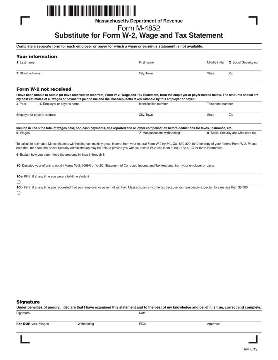 Form M-4852 Substitute for Form W-2, Wage and Tax Statement - Massachusetts, Page 1