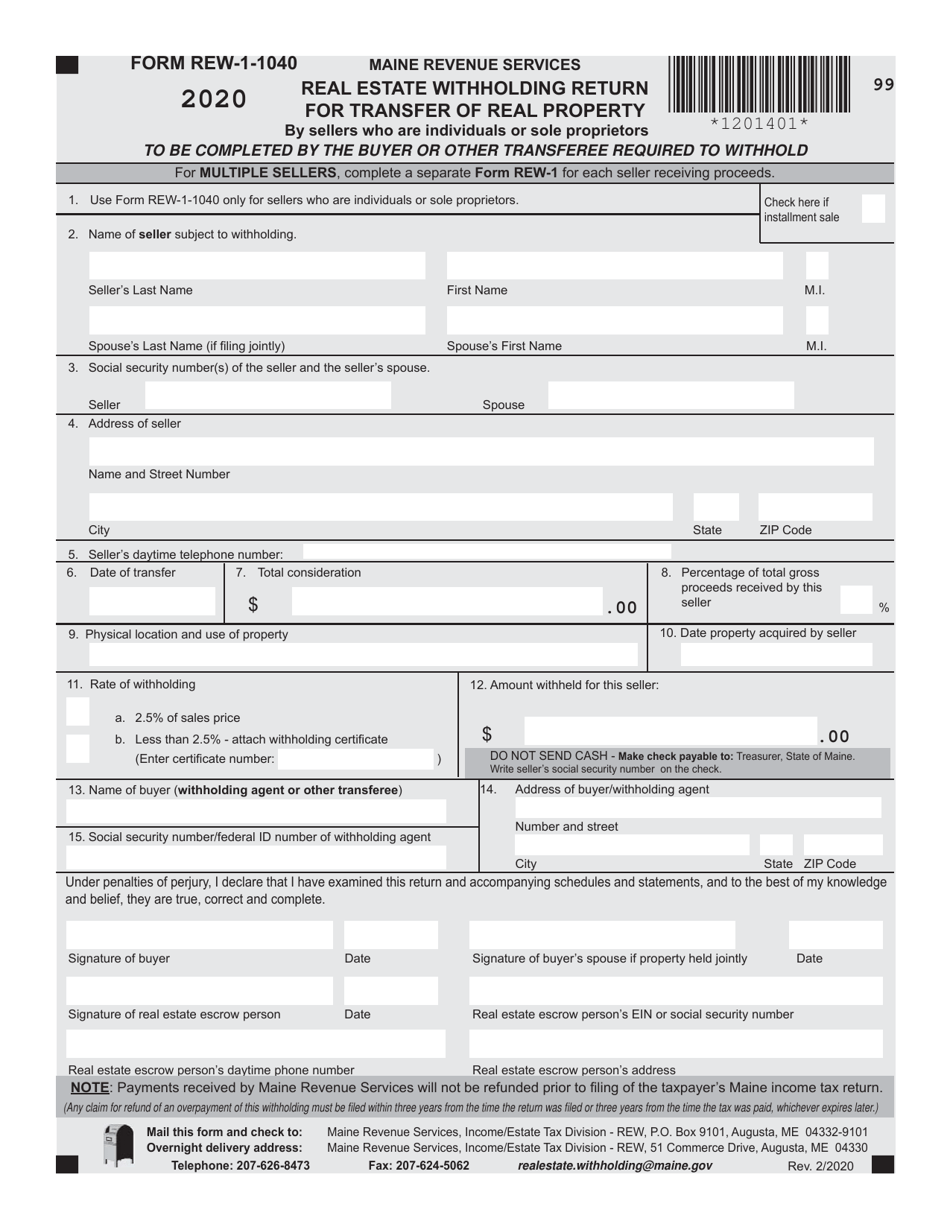 Form REW-1-1040 Real Estate Withholding Return for Transfer of Real Property - Maine, Page 1