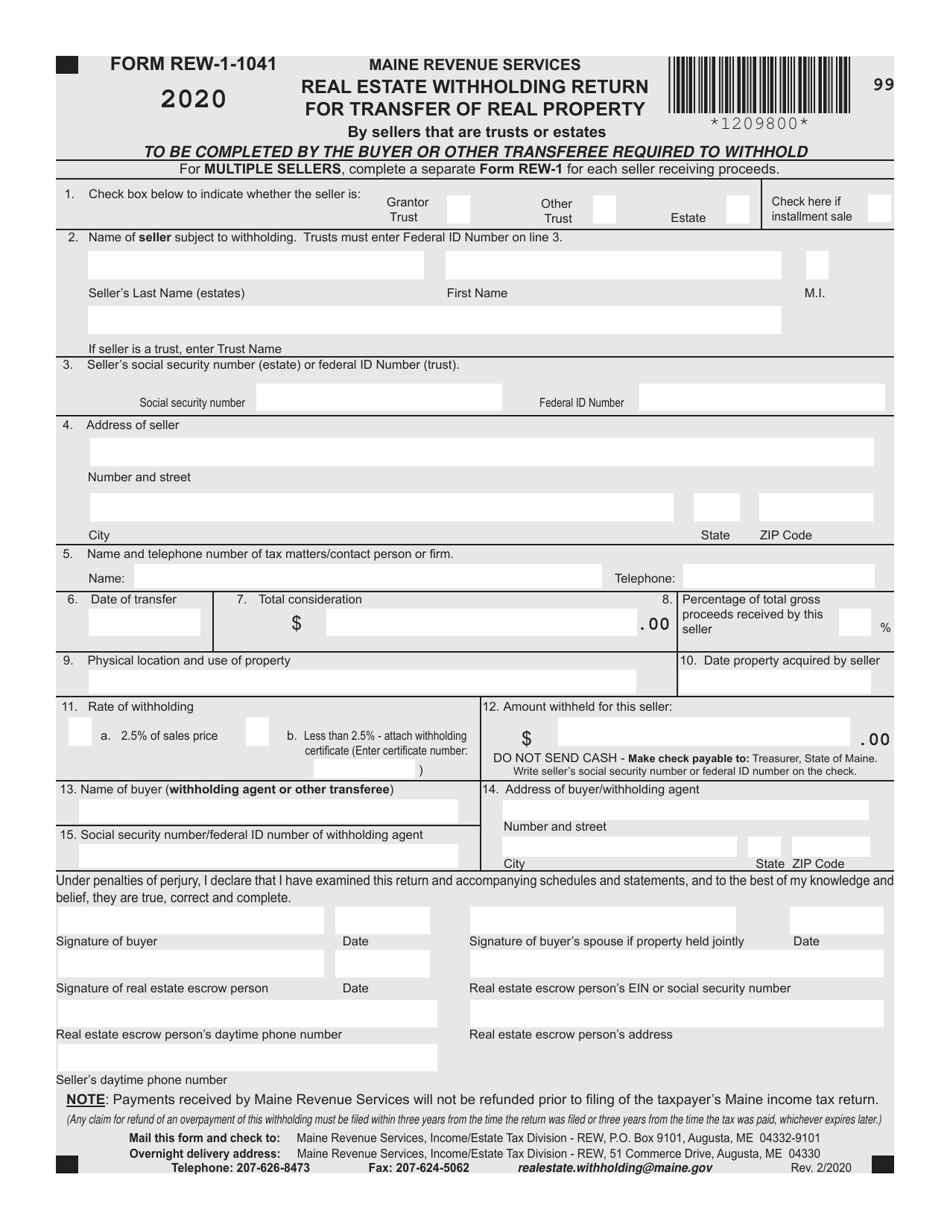 Form REW-1-1041 Real Estate Withholding Return for Transfer of Real Property - Maine, Page 1