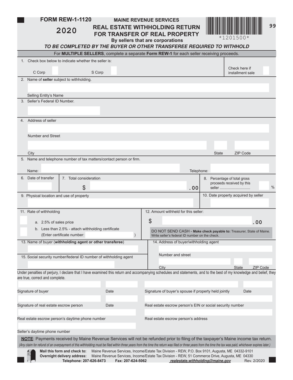 Form REW-1-1120 Real Estate Withholding Return for Transfer of Real Property - Maine, Page 1