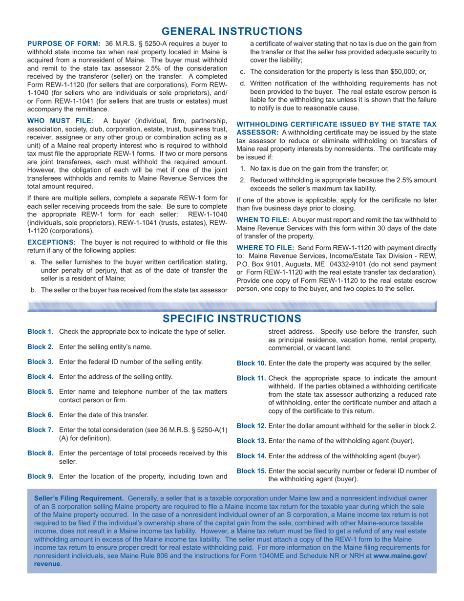 Form REW-1-1120 Real Estate Withholding Return for Transfer of Real Property - Maine, Page 2