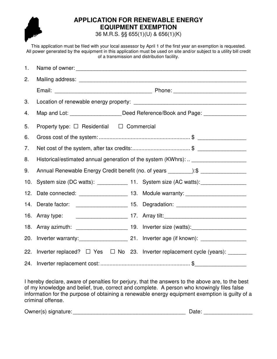 Application for Renewable Energy Equipment Exemption - Maine, Page 1
