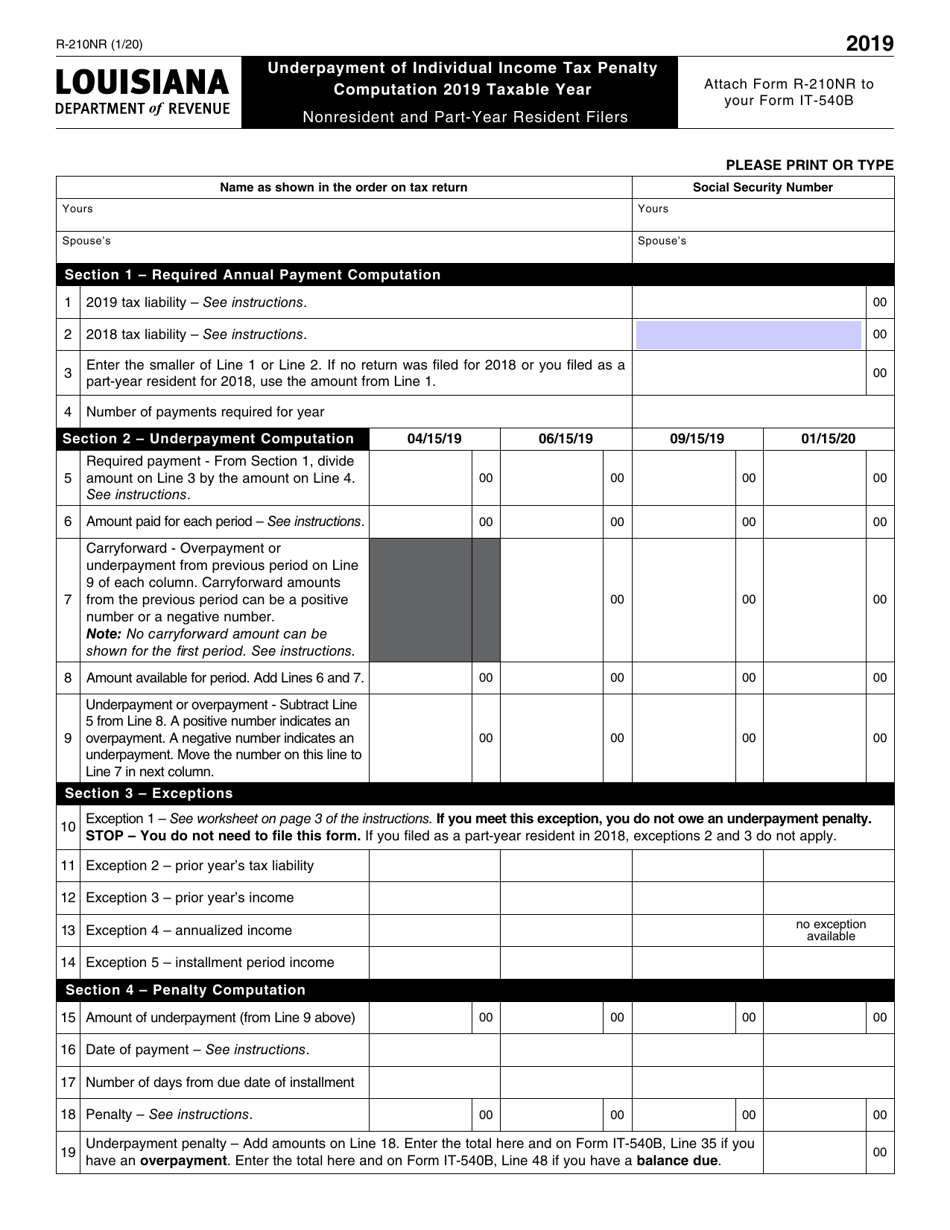Form R-210NR Underpayment of Individual Income Tax Penalty Computation- Non-resident and Part-Year Resident - Louisiana, Page 1