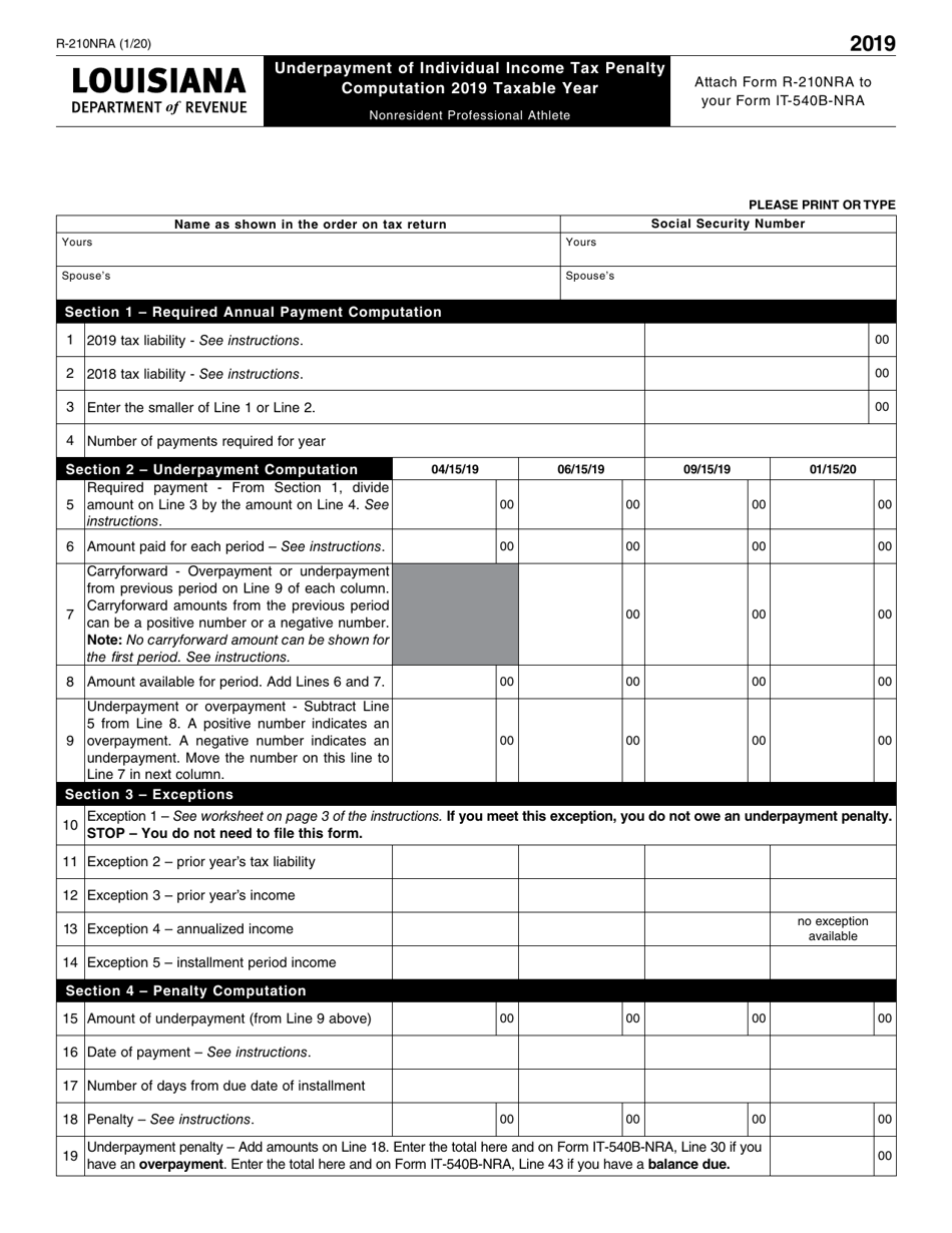 Form R-210NRA Nonresident Professional Athlete Underpayment Penalty Computation Worksheet - Louisiana, Page 1