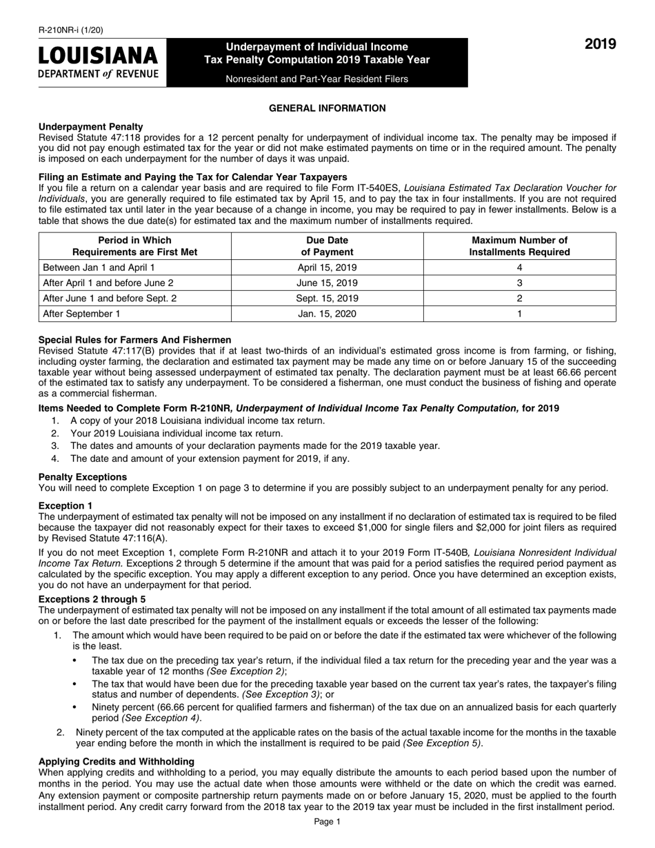 Instructions for Form R-210NR Underpayment of Individual Income Tax Penalty Computation- Non-resident and Part-Year Resident - Louisiana, Page 1