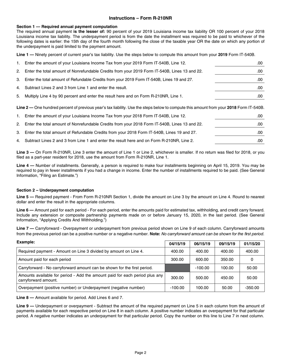 Instructions for Form R-210NR Underpayment of Individual Income Tax Penalty Computation- Non-resident and Part-Year Resident - Louisiana, Page 2
