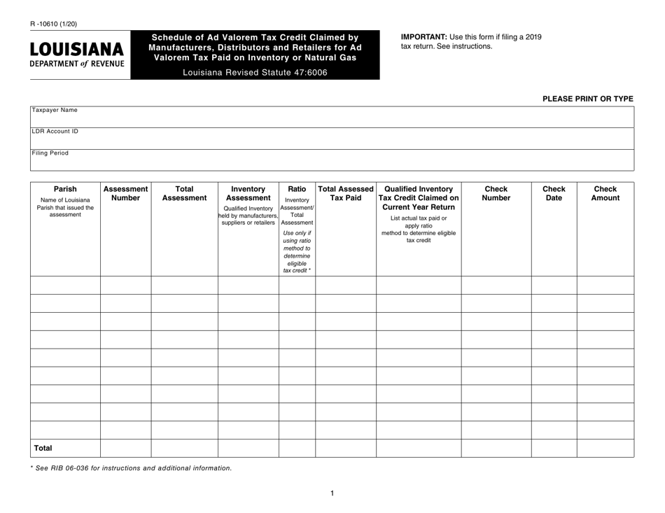 Form R-10610 Schedule of Ad Valorem Tax Credit Claimed by Manufacturers, Distributors and Retailers for Ad Valorem Tax Paid on Inventory or Natural Gas - Louisiana, Page 1