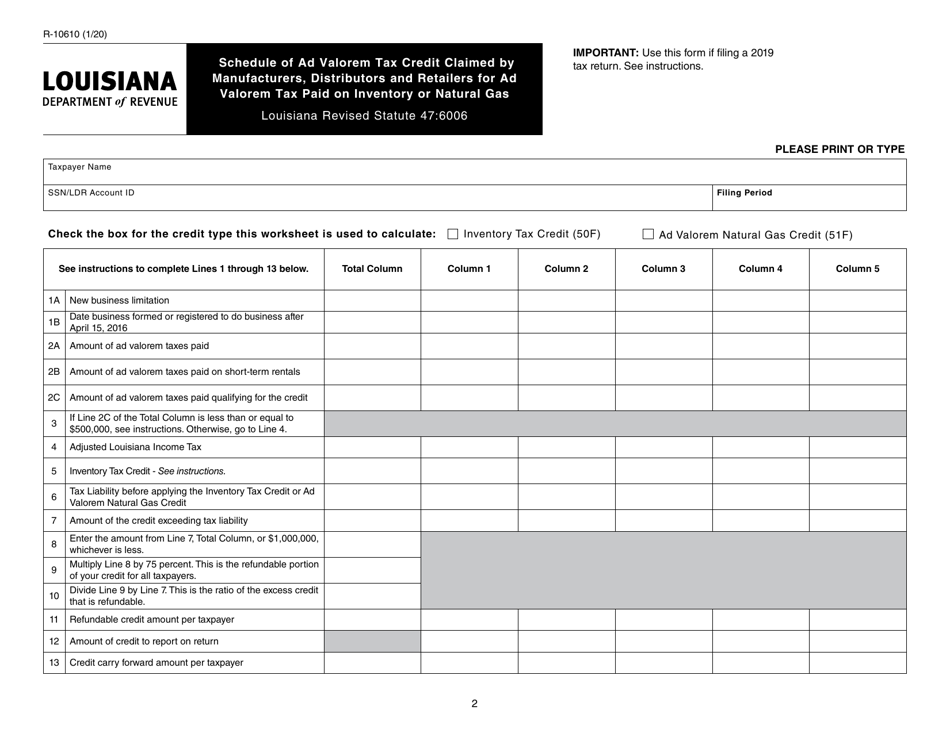 Form R-10610 Schedule of Ad Valorem Tax Credit Claimed by Manufacturers, Distributors and Retailers for Ad Valorem Tax Paid on Inventory or Natural Gas - Louisiana, Page 2