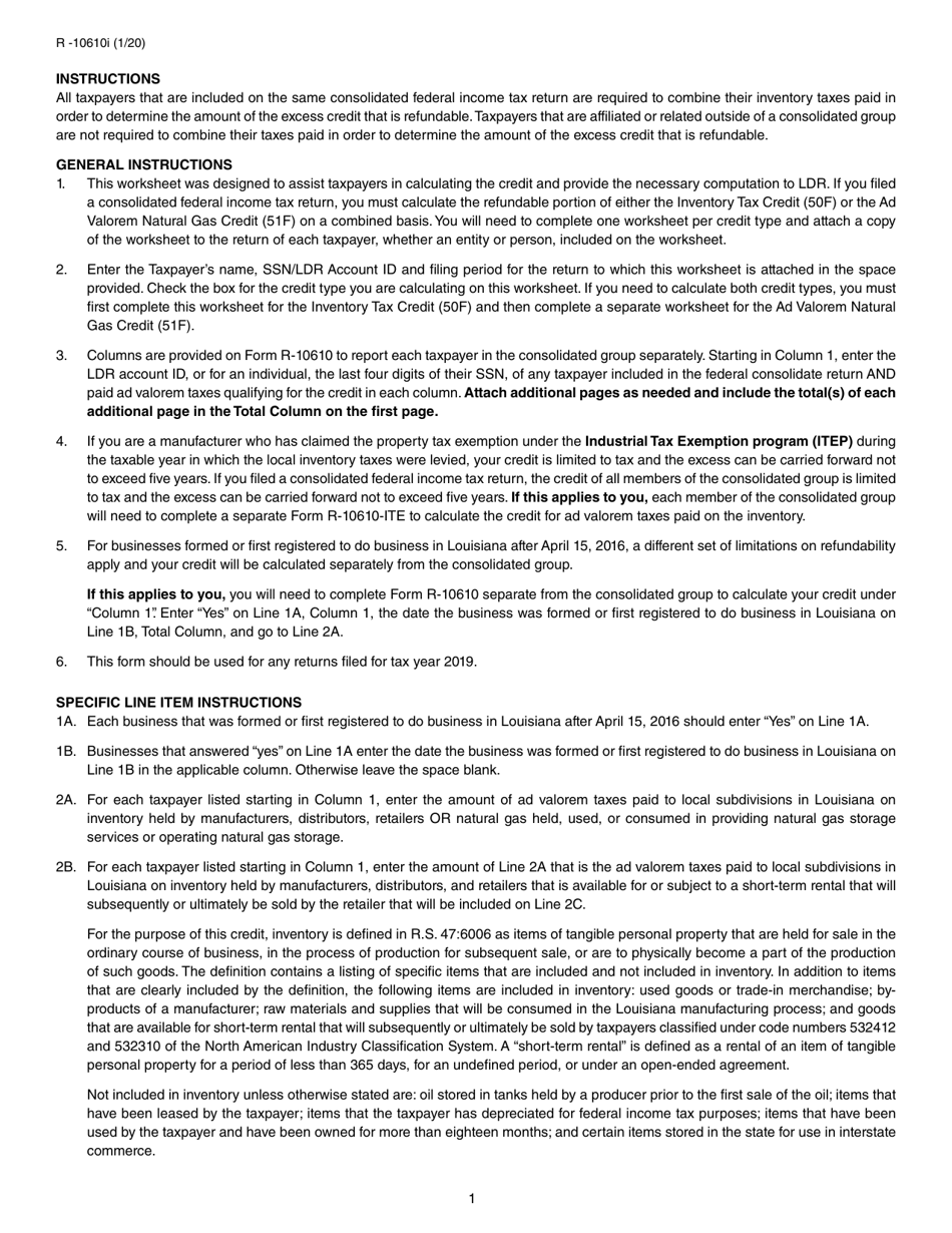 Form R-10610 Schedule of Ad Valorem Tax Credit Claimed by Manufacturers, Distributors and Retailers for Ad Valorem Tax Paid on Inventory or Natural Gas - Louisiana, Page 3
