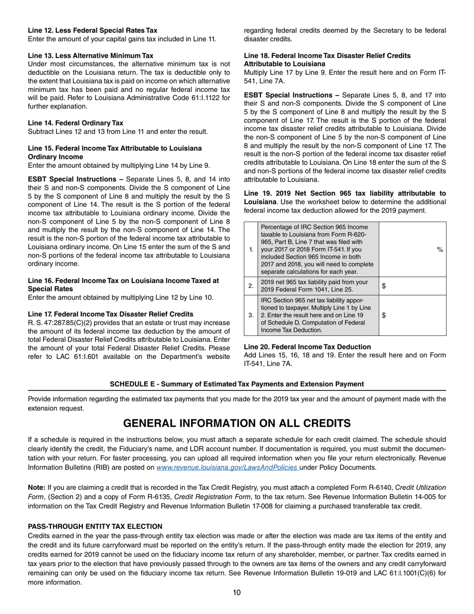 Instructions for Form IT-541 Fiduciary Income Tax Return - Louisiana, Page 10