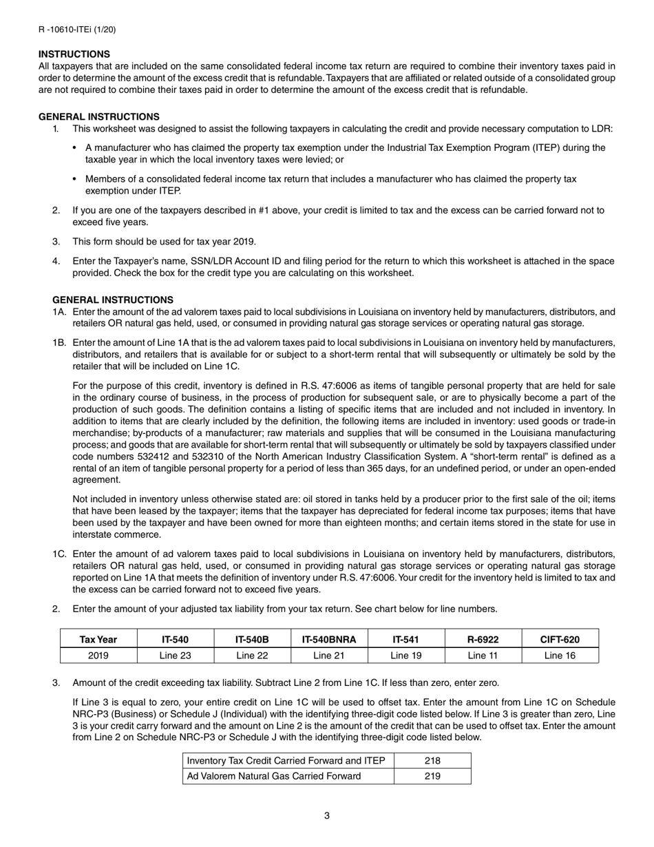 Form R-10610-ITE Schedule of Ad Valorem Tax Credit Claimed by Itep Manufacturers for Ad Valorem Tax Paid on Inventory - Louisiana, Page 3