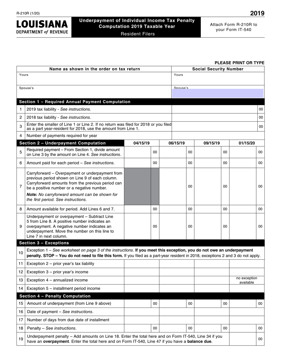 Form R-210R Underpayment of Individual Income Tax Penalty Computation - Louisiana, Page 1