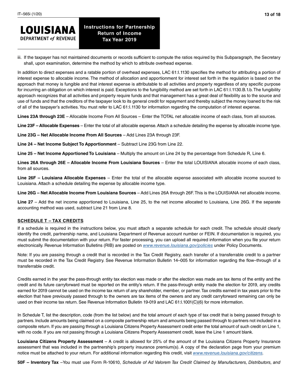 Instructions for Form IT-565 Partnership Return of Income - Louisiana, Page 13