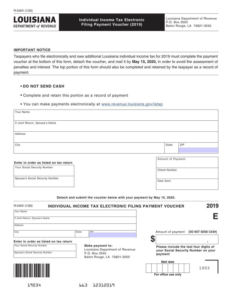 Form R-540V Individual Income Tax Electronic Filing Payment Voucher - Louisiana, Page 1